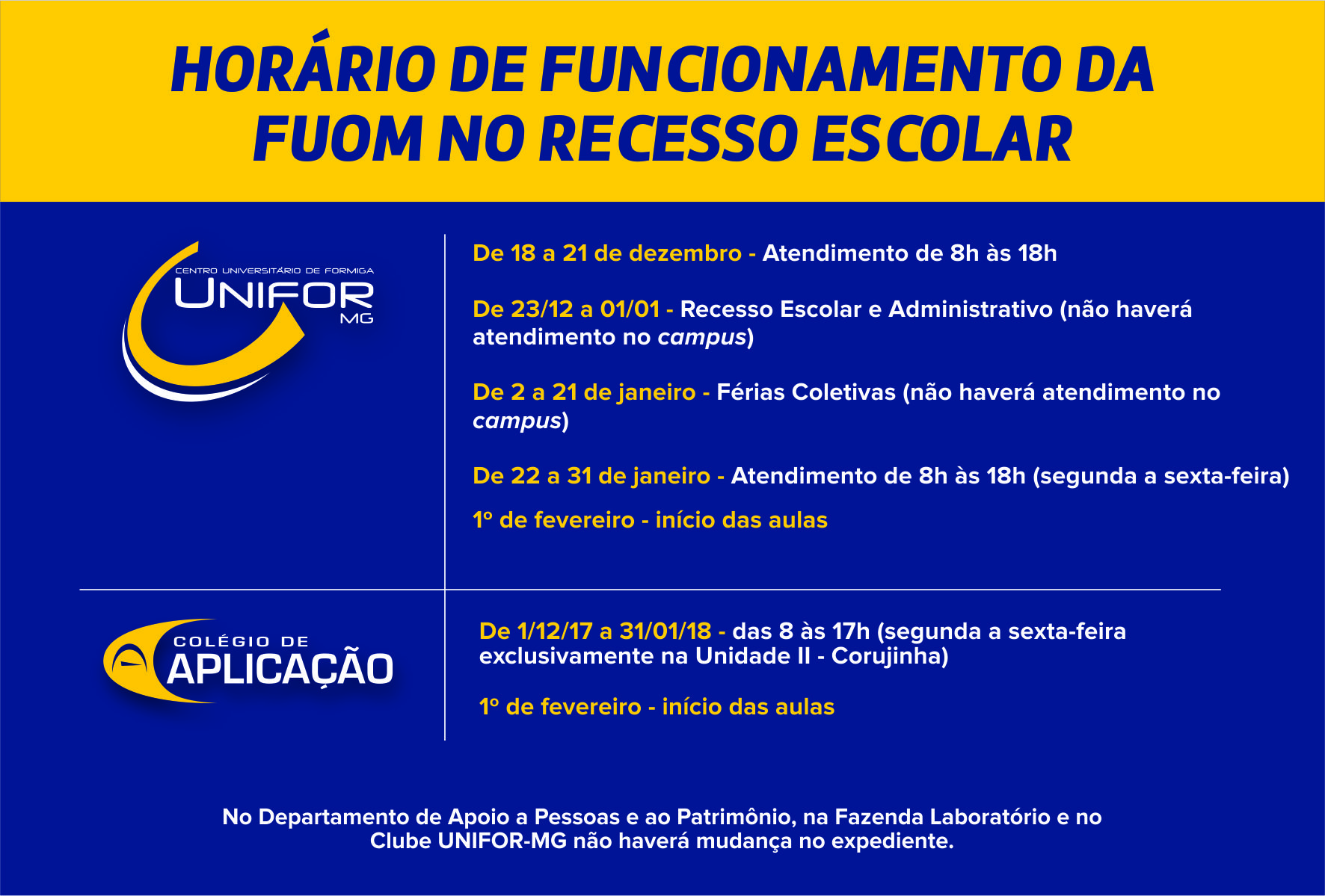CONFIRA O HORÁRIO DE FUNCIONAMENTO DA FUOM DURANTE O RECESSO ESCOLAR