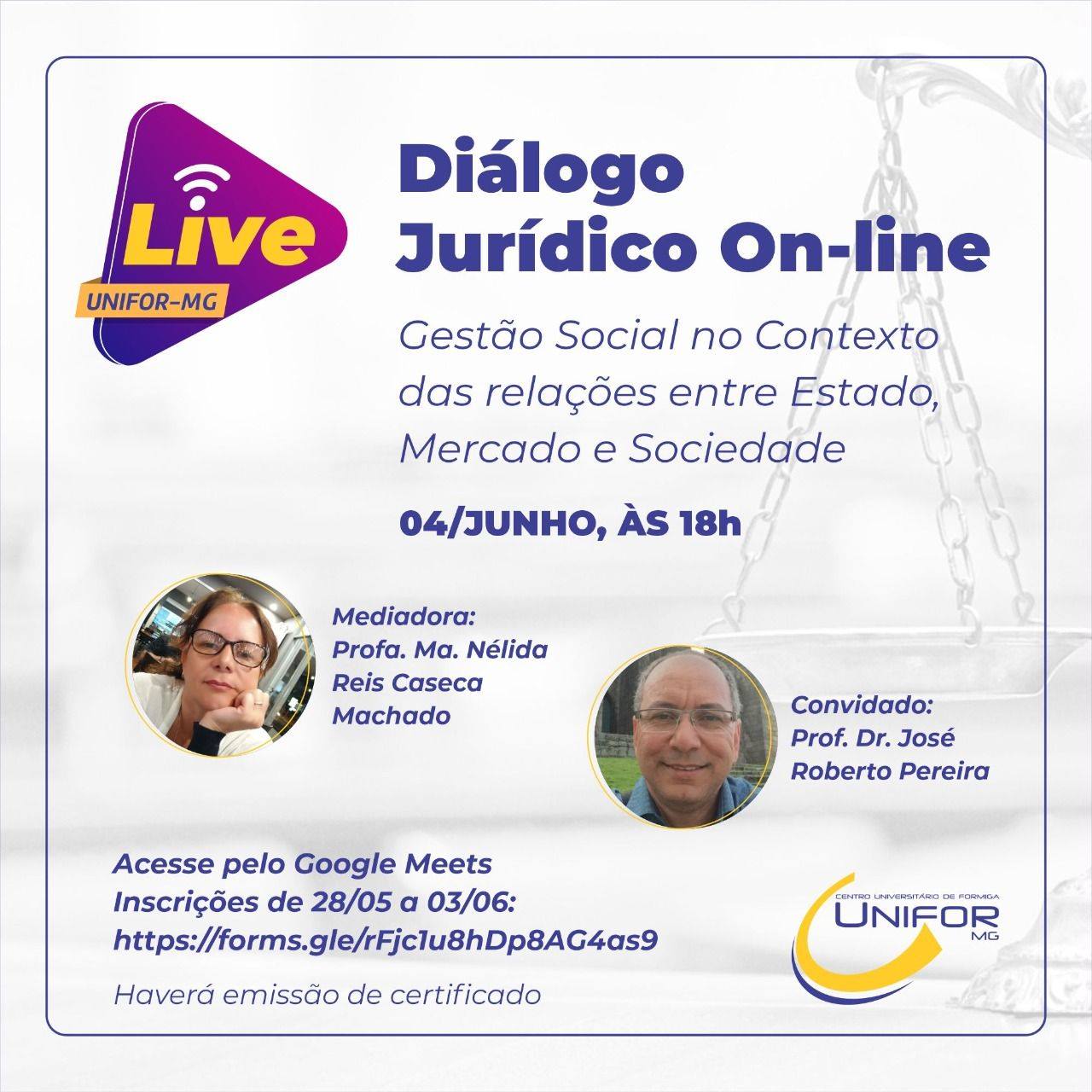 UNIFOR-MG REALIZARÁ DIÁLOGO JURÍDICO ON-LINE