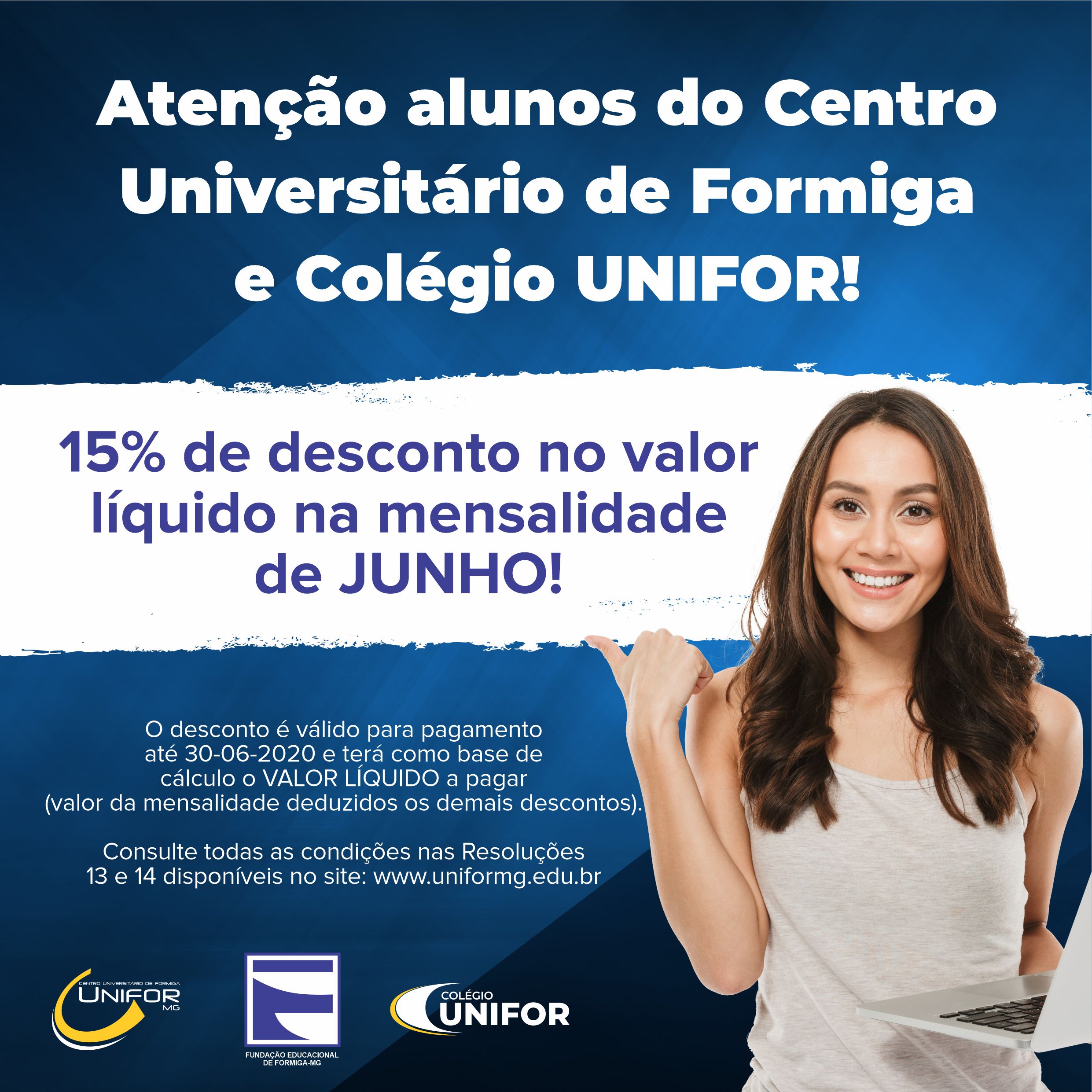 FUOM ESTIPULA DESCONTO PARA ALUNOS DO UNIFOR-MG E DO COLÉGIO NA MENSALIDADE DE JUNHO